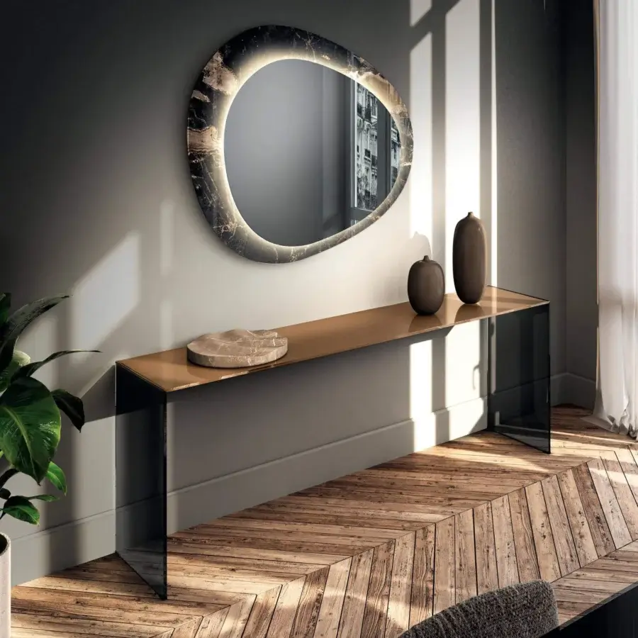 Distinguished Lago Fine Console with golden glass top and painted grey support built with precision glass workmanship