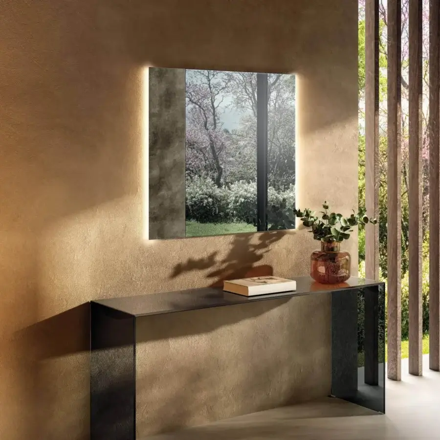 Superior Lago Fine Console with sleek dark glass and heat-treated finish showcases precision workmanship with a 45-degree join