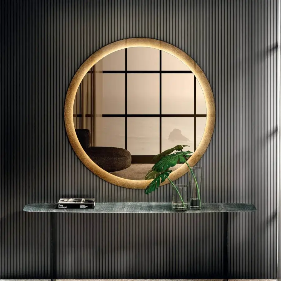 Elegant Lago Deba console with shaped stone-like tabletop in gray, green, and beige tones plus textured finish and clear tempered glass support