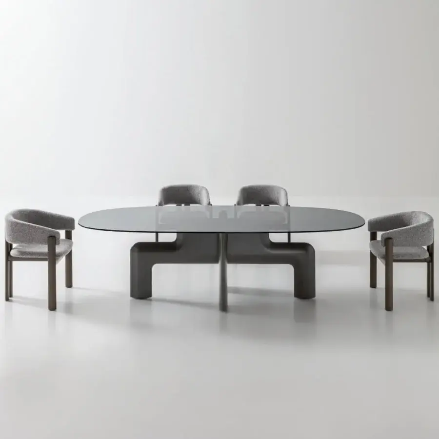 Distinguished Ditre Italia Biarritz table with elongated oval tinted glass tabletop and dark matte-finished squared U-shaped supports