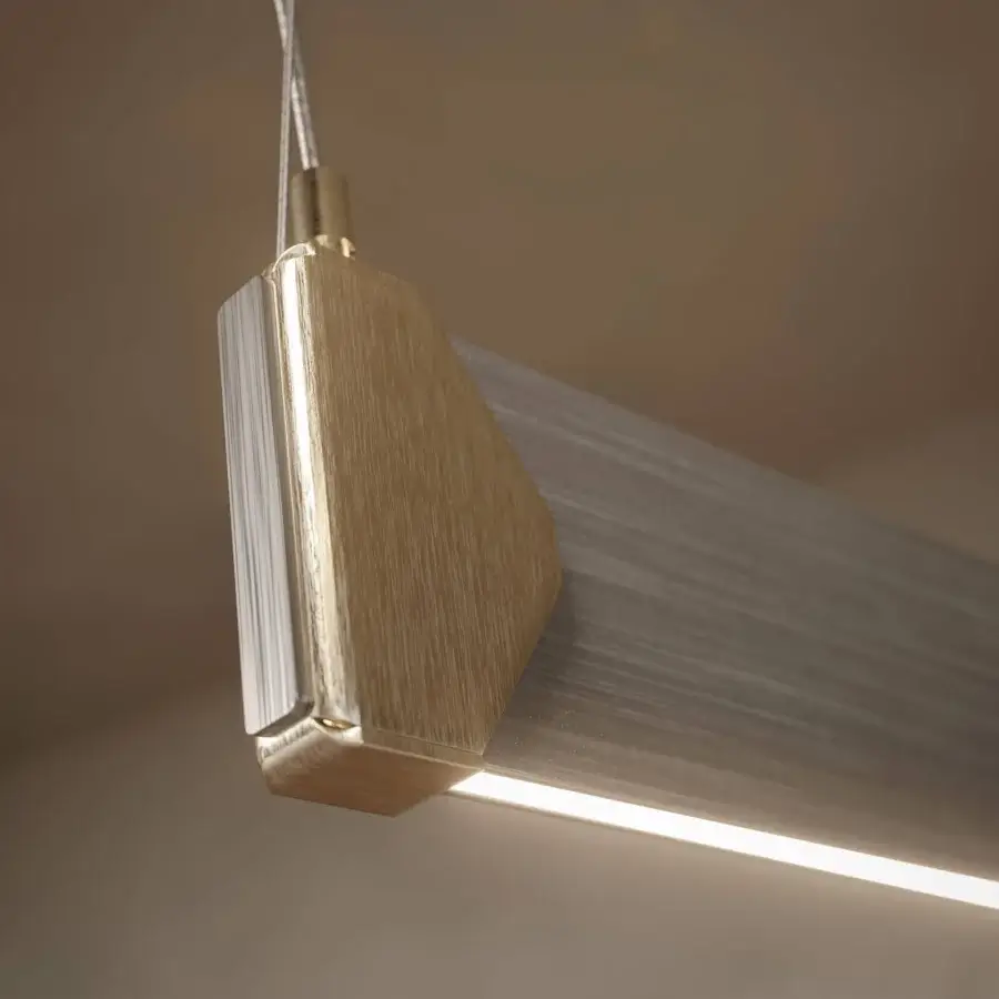 Elegant Cattelan Italia Bluebell suspension lamp crafted in gray wood-grain with intersecting arcs and triangular brass dowels