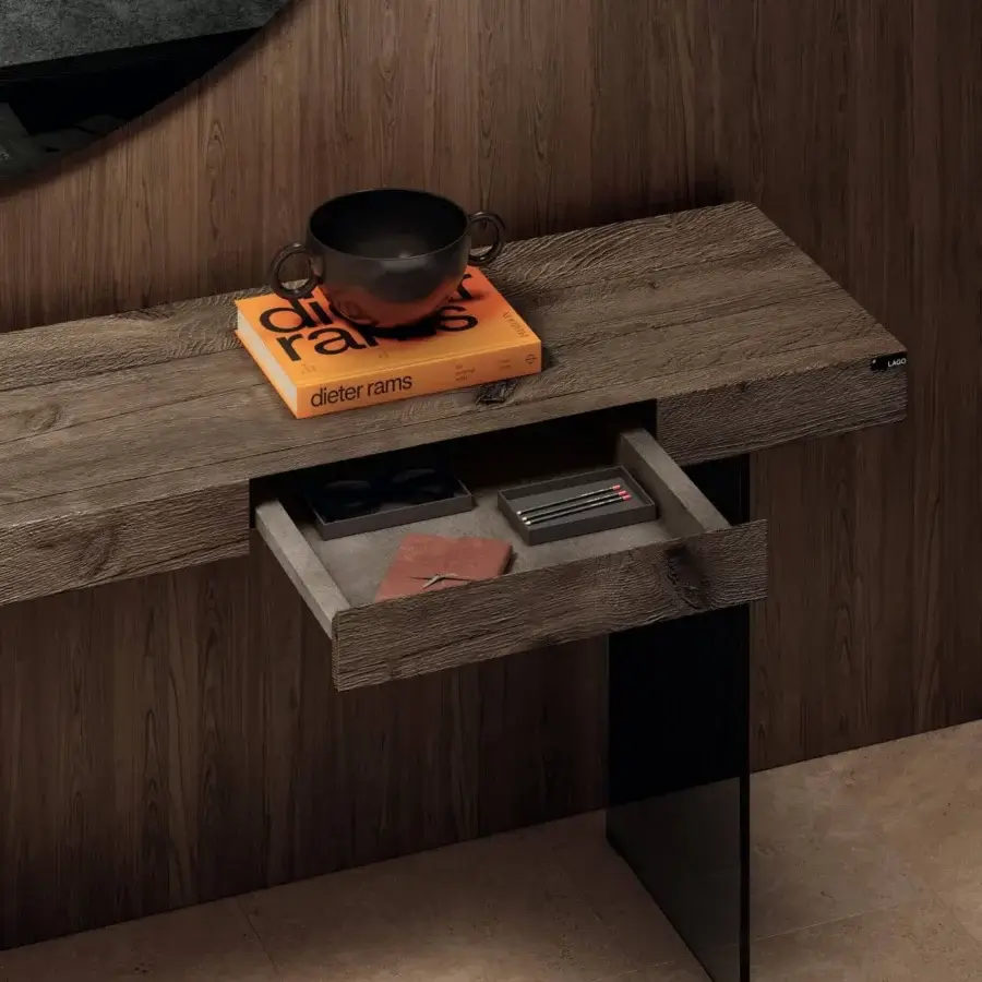 Superior Lago Air console with transparent tempered-glass and a textured medium-tone brown solid oak top