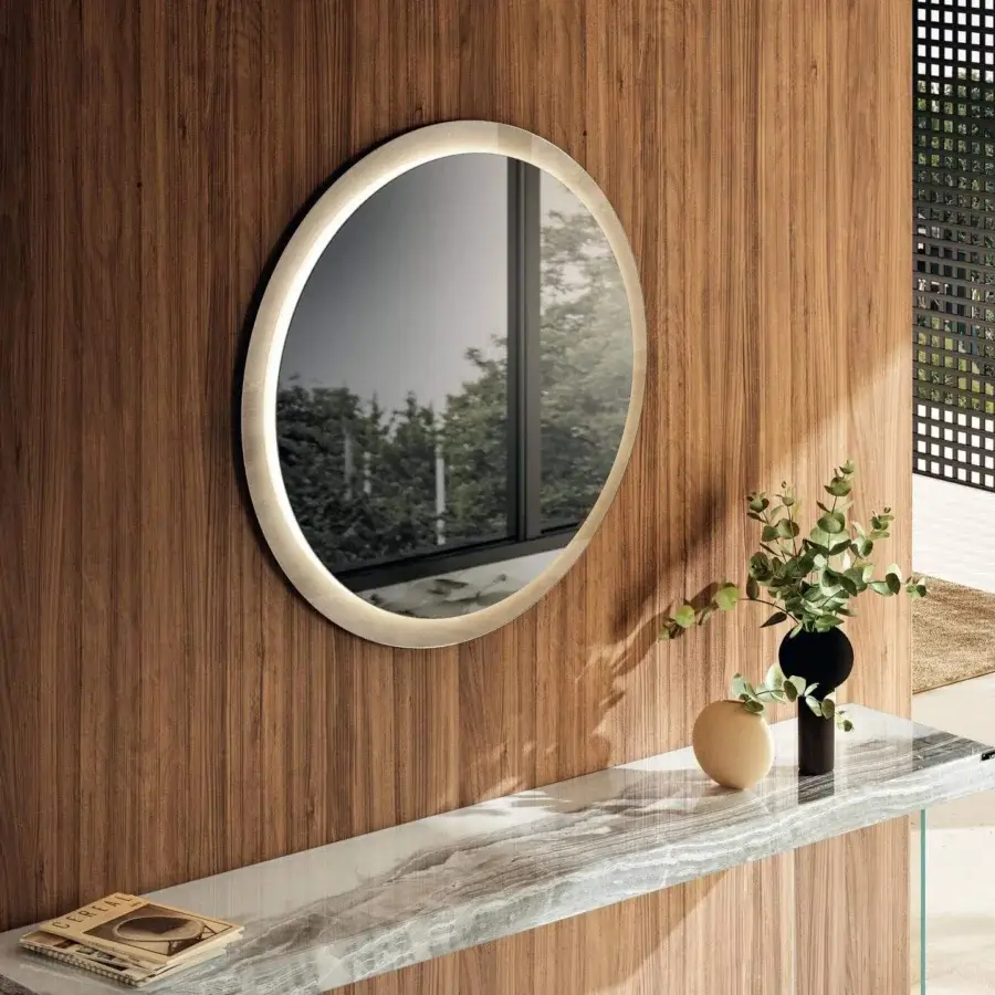 Exceptional Lago Air console with light grey stone-like composite top and transparent tempered-glass supports creating a floating design