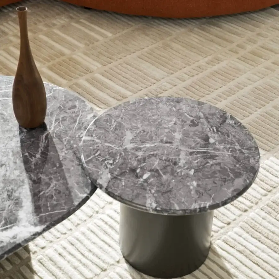 Elegant Ditre Italia Arcade coffee table with a cylindrical base and gray marble top exhibiting delicate light veining