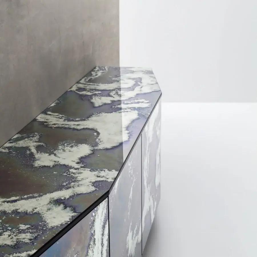 Distinctive Ditre Italia Angle sideboard with aged mirror finish displaying muted blues, browns, and irregular white shapes