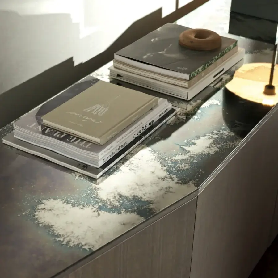 Superior Ditre Italia Angle sideboard with mottled top and matte greyish-brown wood finish displaying streamlined cabinet doors