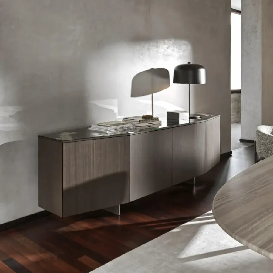 Distinguished Ditre Italia Angle sideboard with dark brown matte veneer and slender metal legs presents an architectural form