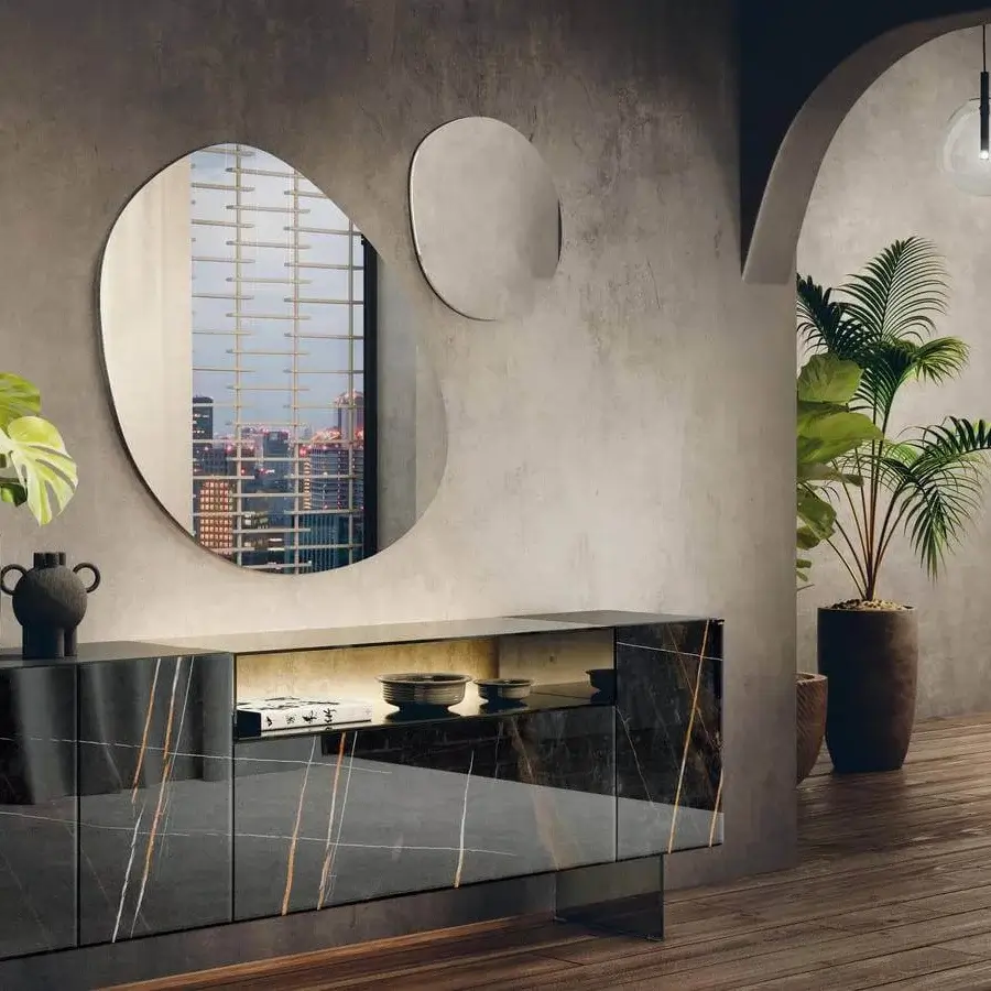 Exceptional Lago Pleasure mirror crafted in Italy with oval and circular forms in silver and glossy finishes