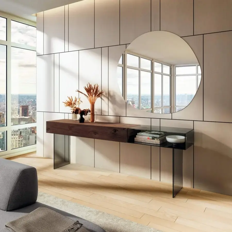 Superior Lago Pleasure mirror crafted in Italy exhibiting a unique circular silhouette with a removed section and smooth reflective surface
