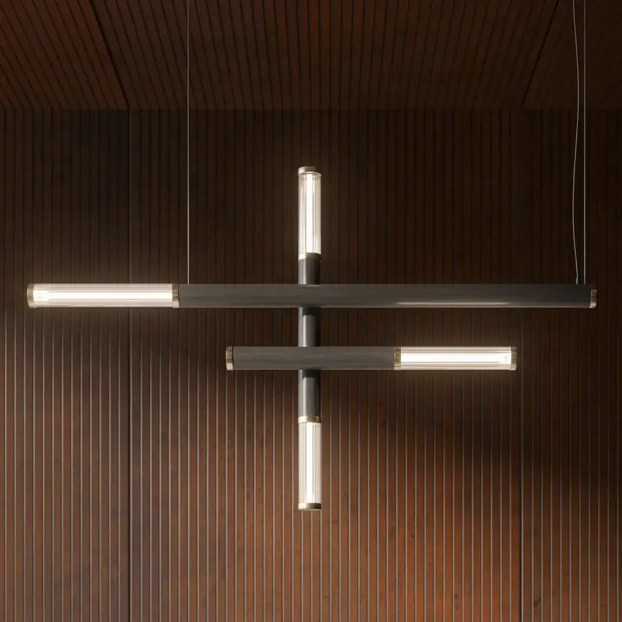 Elegant Cattelan Italia Regata suspension lamp with intersecting stems and clear ribbed glass diffusers in brushed metal and brass accents