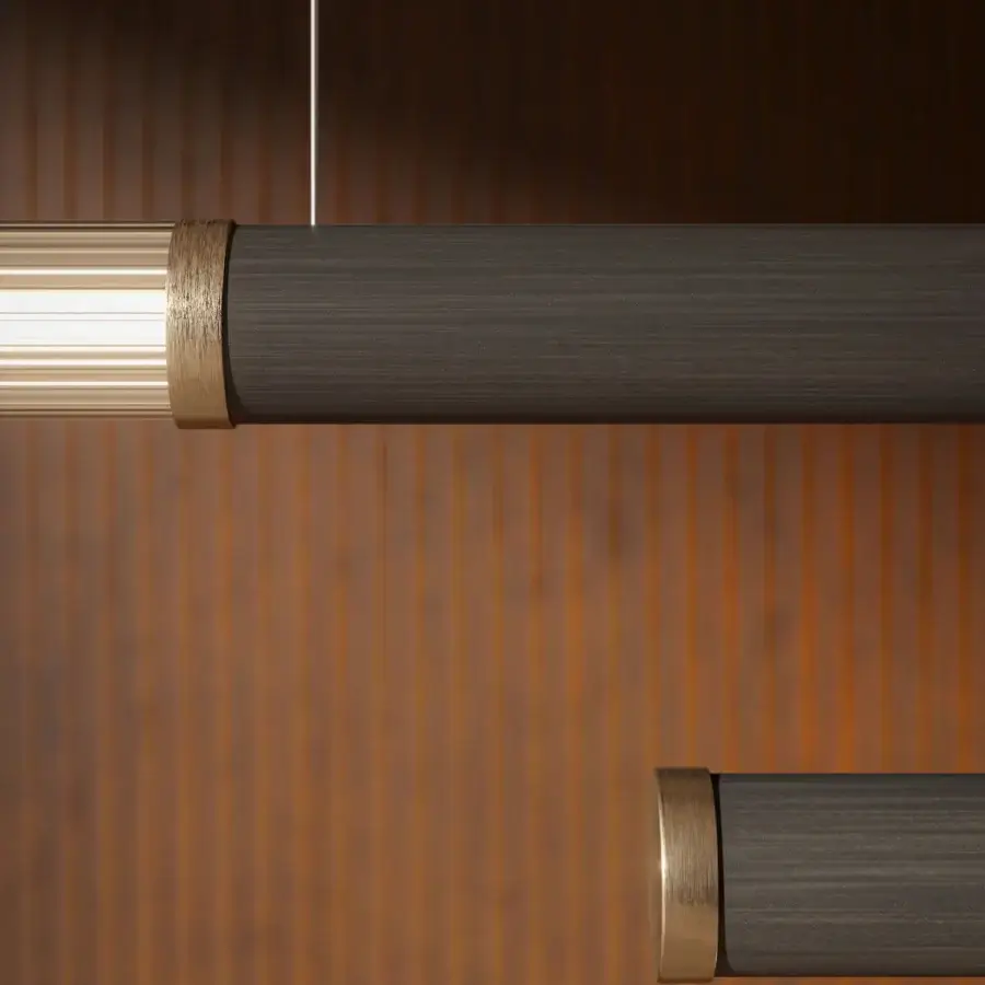 Superior Cattelan Italia Regata suspension lamp with intersecting stems, clear ribbed glass and brushed brass detailing in metal finish