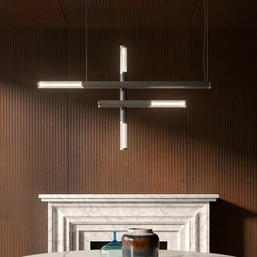 Distinguished Cattelan Italia Regata suspension lamp with intersecting brushed metal stems and clear ribbed glass diffusers in matte finish