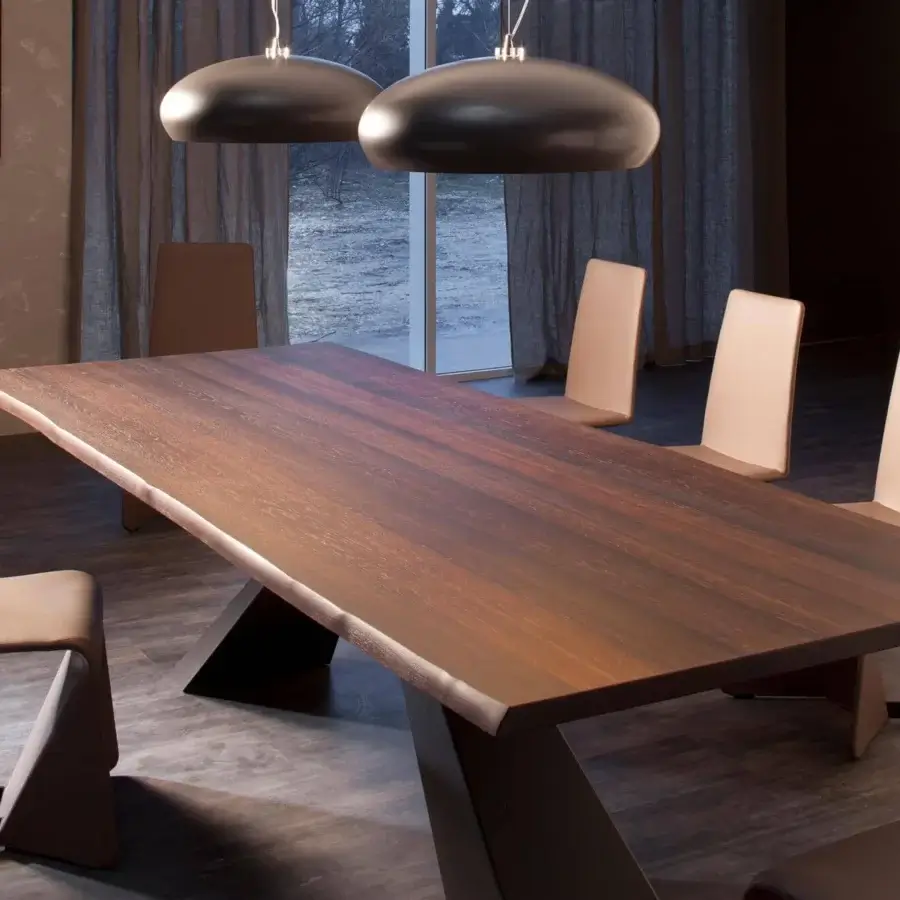 Superior Cattelan Italia Eliot Wood table with graphite embossed lacquered steel base and natural oak tabletop exhibiting irregular edges