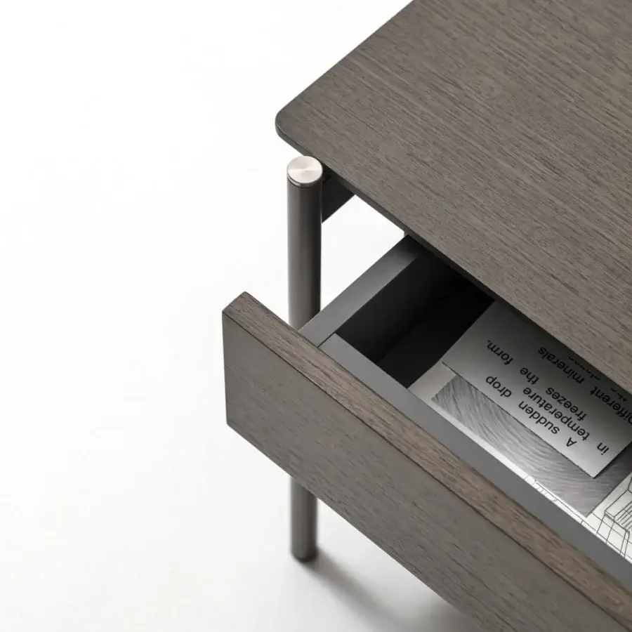 Elegant Ditre Italia Erys nightstand with a slender metal frame supporting slim wooden surfaces in dark gray matte finish