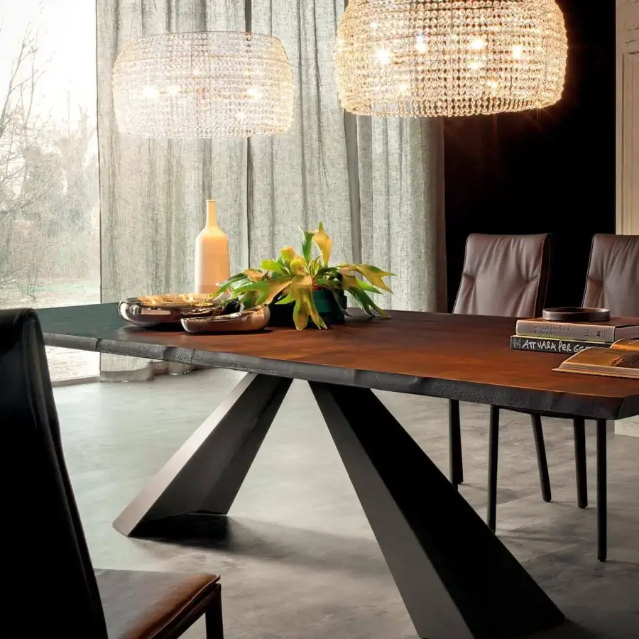 Captivating Cattelan Italia Eliot Wood table with Canaletto walnut top and embossed lacquered steel base in a dark tone with matte finish