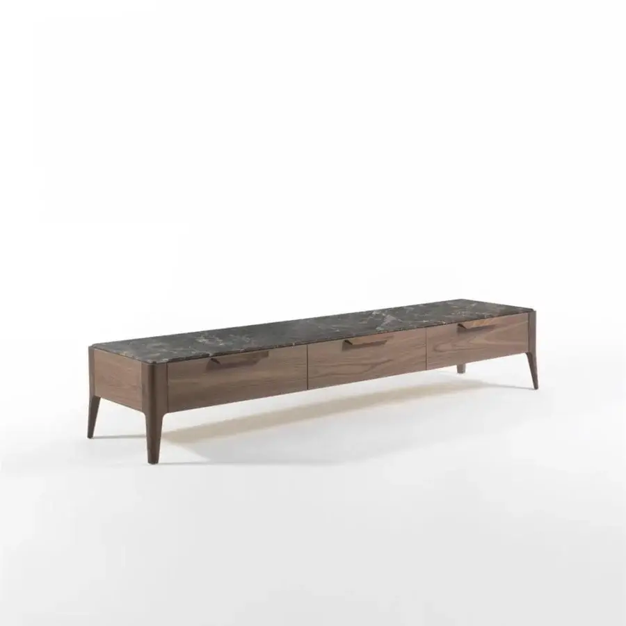 Elegant Porada Atlante TV stand with canaletto walnut and wenge stained finish, presenting a dark stone-like top and tapered legs