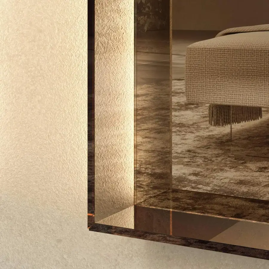 Exceptional Lago Glass Mirror with a robust tempered glass frame built at a precise angle in rich brown tones