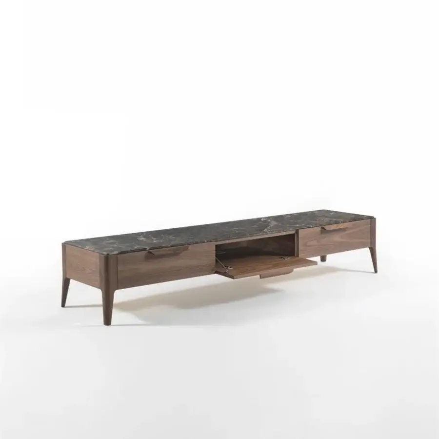 Distinguished Porada Atlante TV stand with canaletto walnut frame, brown emperador dark marble top and lateral drawer containers