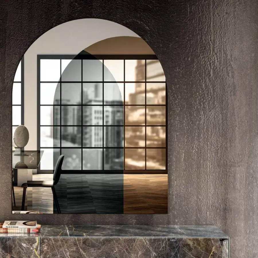 Architectural Lago Fuze mirror with coplanar design and dark textured frame crafted in Italy