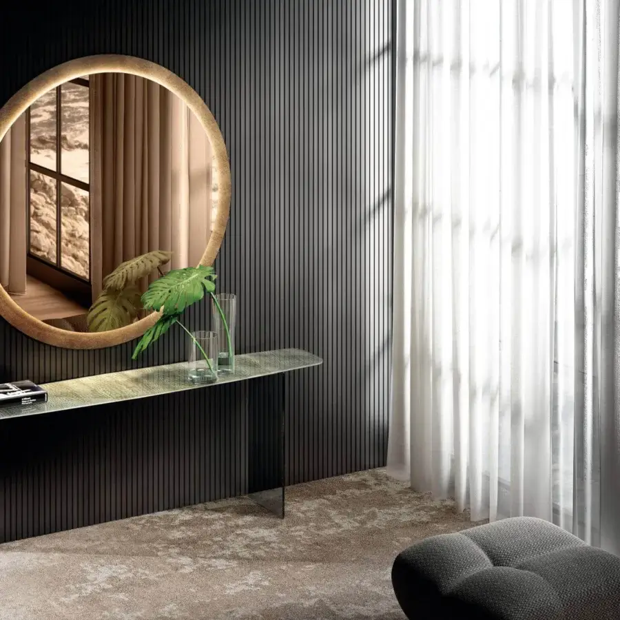Distinguished Lago Kibi mirror with circular reflective surface and fabric-textured XGlass frame built with integrated lighting