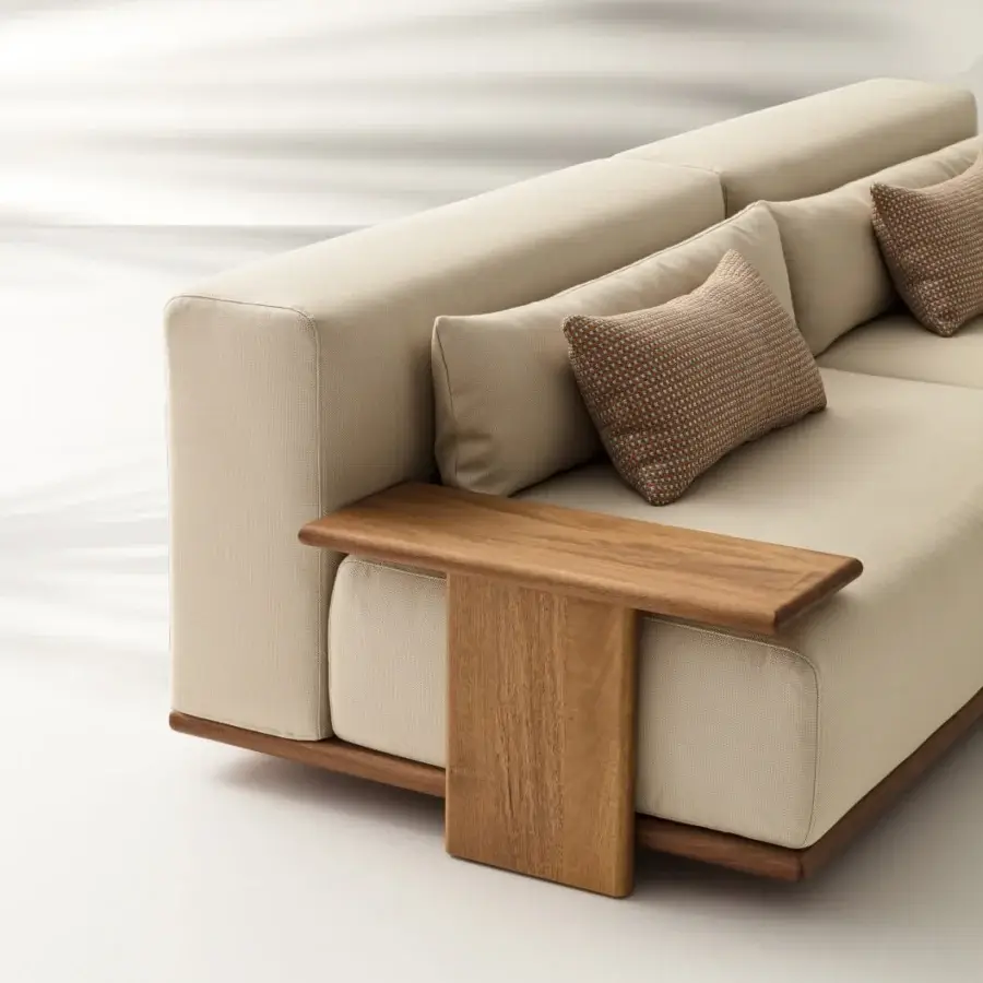 Lavish Ditre Italia Tao sofa with beige textile upholstery and an Iroko wood base built with contrasting brown cushions