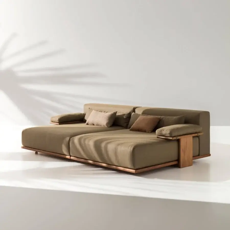 Distinguished Ditre Italia Tao sectional in muted olive green fabric with textured Iroko wood base and coordinating earth-toned cushions