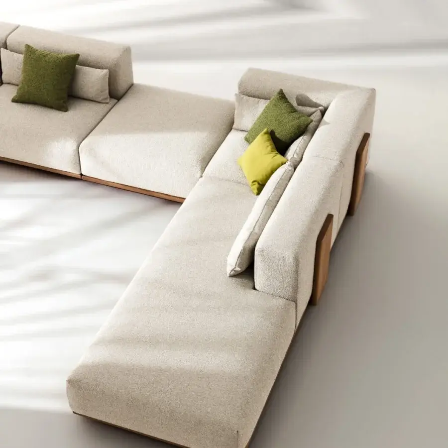 Superior Ditre Italia Tao sectional with shaped Iroko wood base and light beige textured upholstery with accent cushions