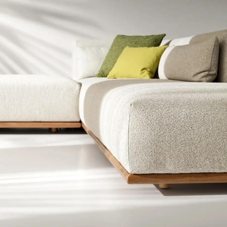 Distinguished Ditre Italia Tao sectional with Iroko wood base and light beige textile upholstery with textured matte finish