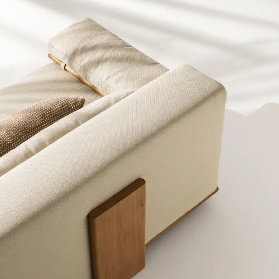 Elegant Ditre Italia Tao sectional with shaped Iroko wood base and comfortable light beige textured textile upholstery