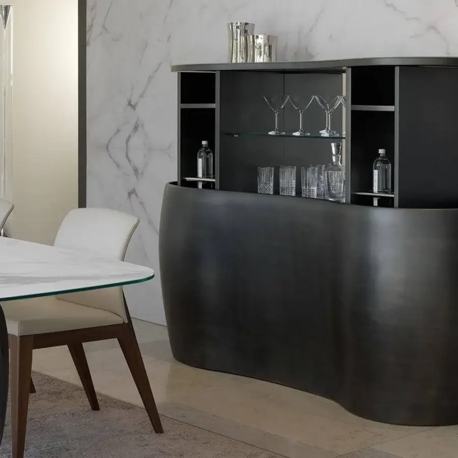 Distinguished Reflex Coco de Mer bar cabinet with organically curved silhouette and marble glass top in lacquered wood