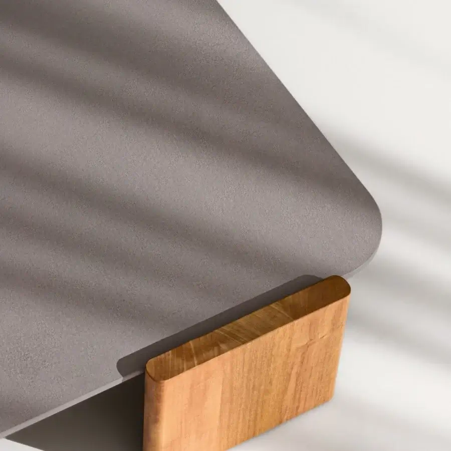 Distinguished Ditre Italia Tao coffee table with smooth gray tabletop and textured Iroko wood base in a rounded triangular form