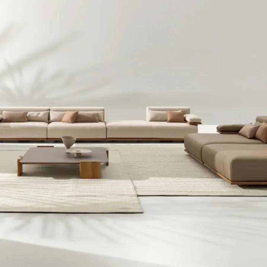 Exceptional Ditre Italia Tao sectional with light beige and earthy brown textiles, built with a shaped Iroko wood base and integrated wooden side tables