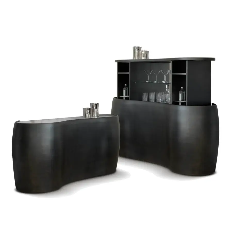 Superior Reflex Coco de Mer bar cabinet with shaped structure in dark wood and Marble glass top with lacquered finish