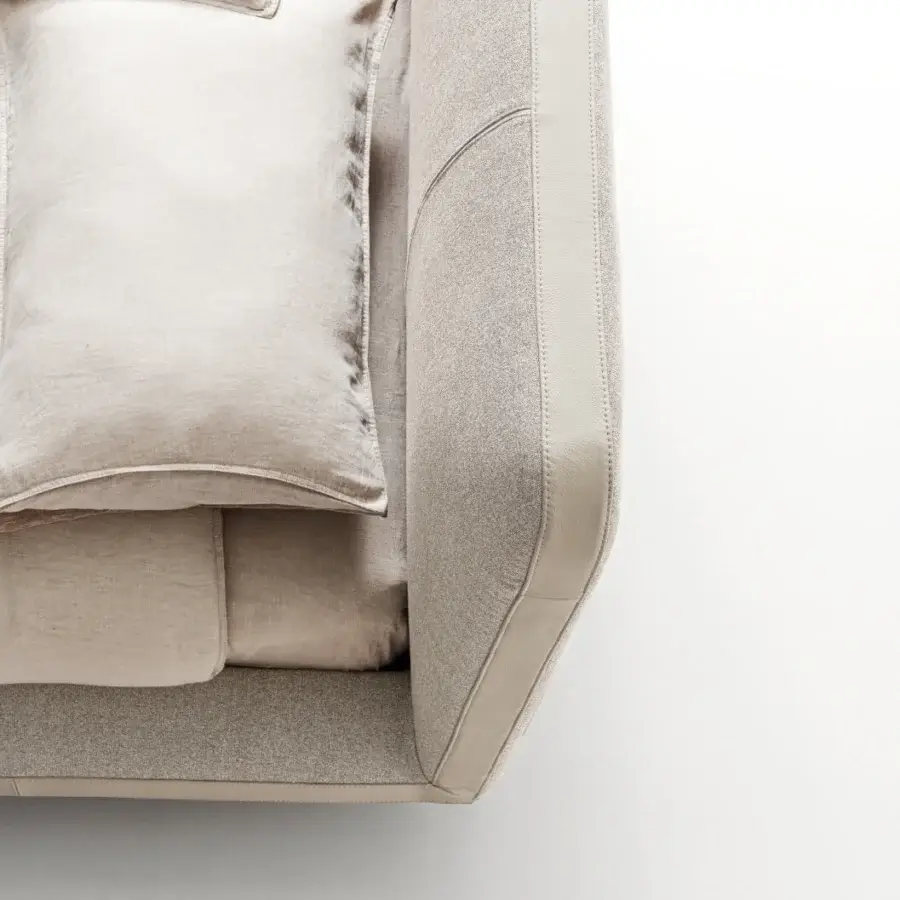 Lavish Ditre Italia Avalon bed crafted with a light beige textured fabric and cream leather perimeter band
