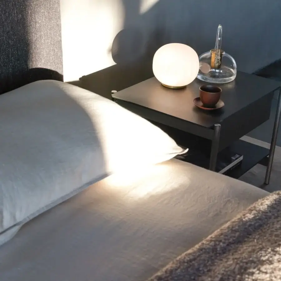 Exceptional Ditre Italia Avalon bed with light gray textile upholstery, curved headboard and foot blanket detailing