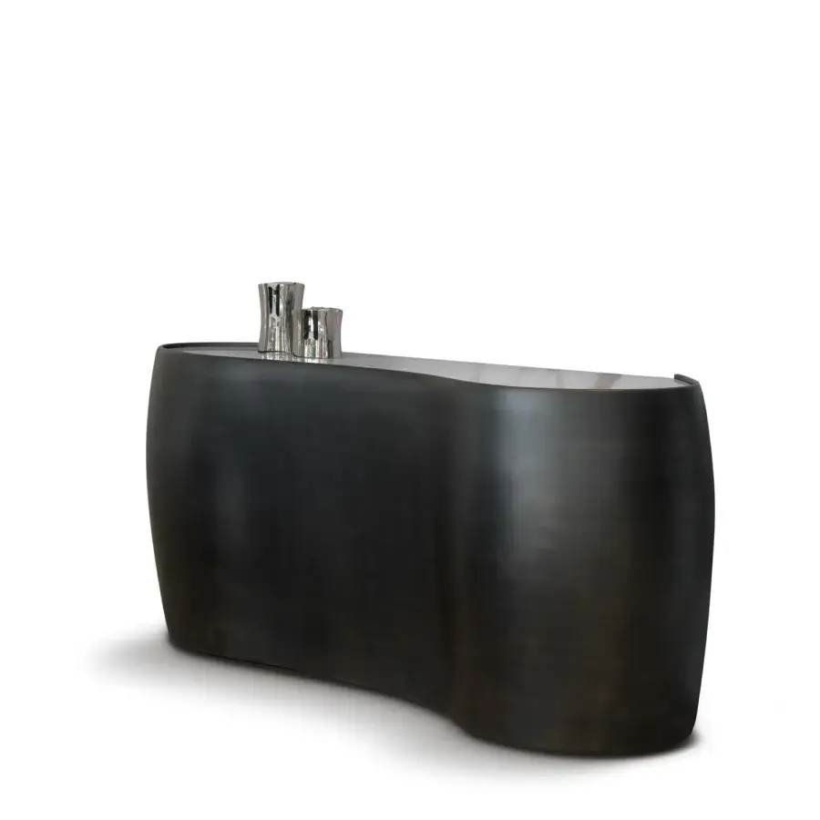 Captivating Reflex Coco de Mer bar cabinet with organically curved silhouette in dark lacquered wood and lifting storage
