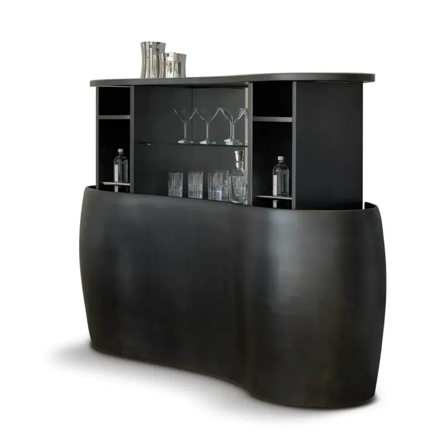 Distinguished Reflex Coco de Mer bar cabinet with lifting system revealing glass shelves in dark matte lacquer wood