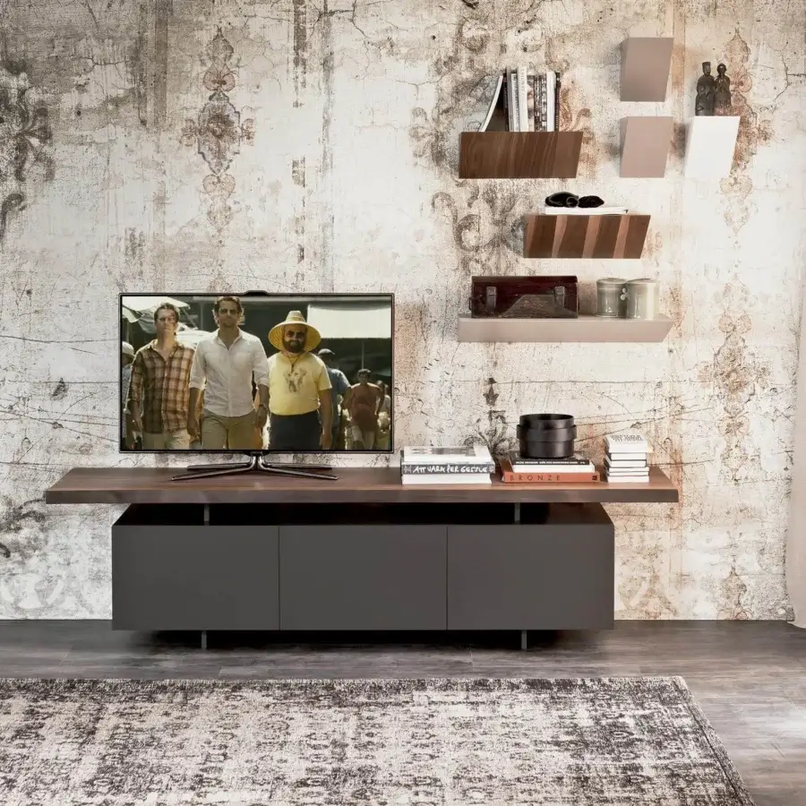 Superior Cattelan Italia Seneca TV stand with matte graphite painted wooden doors and dark metal legs