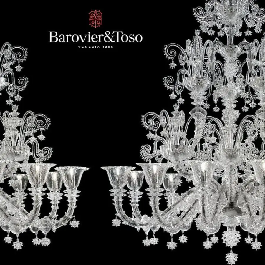 Distinguished Barovier&Toso Venezia 1295 chandelier crafted in clear Murano glass with intricate “rostrato” detailing and glossy finish