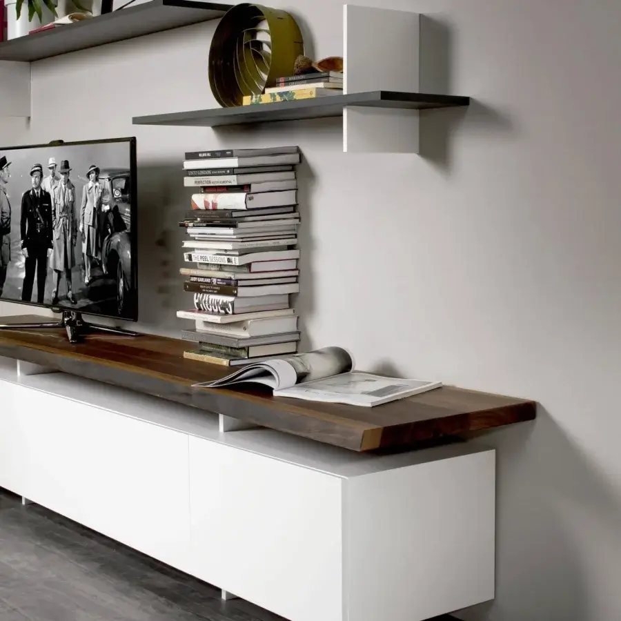 Exceptional Cattelan Italia Seneca TV stand with Canaletto walnut top and matte white base crafted in Italy