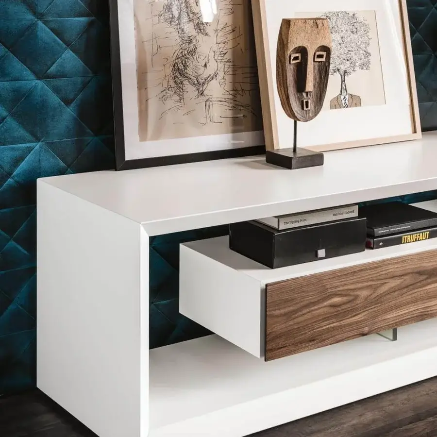 Superior Cattelan Italia Link TV stand with white embossed lacquered frame and Canaletto walnut drawer front crafted with a smooth finish