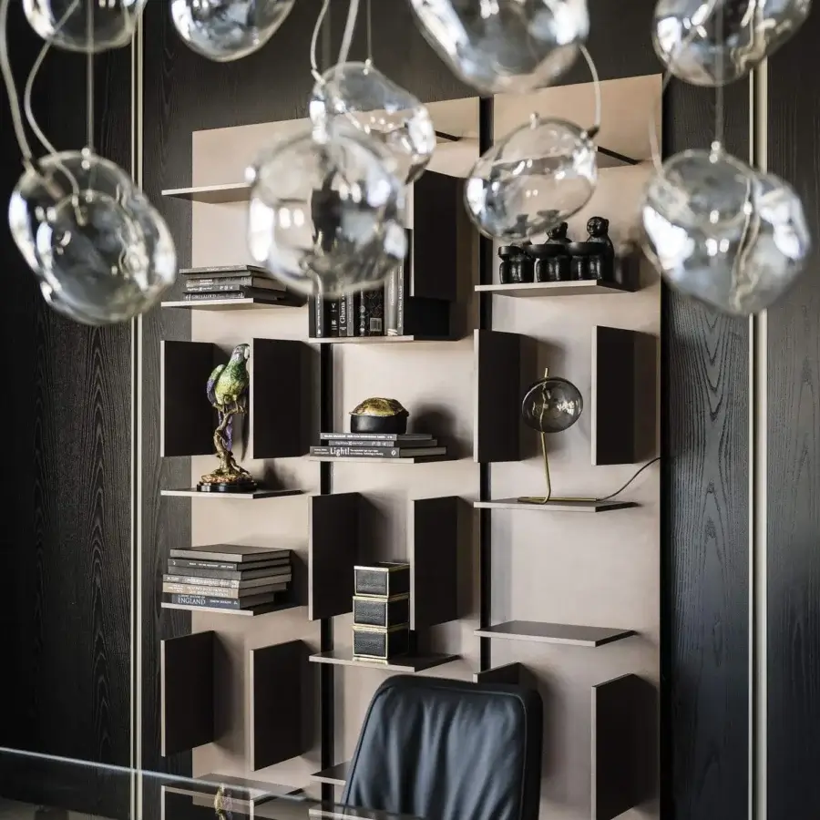 Elegant Cattelan Italia Fifty bookcase crafted in Italy with neutral tone and matte finish, accented by contrasting black vertical dividers