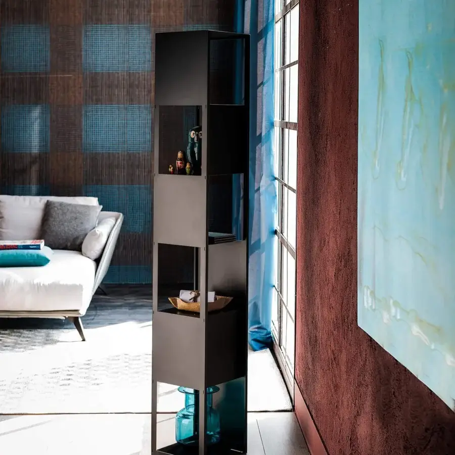 Distinguished Cattelan Italia Joker bookcase crafted in embossed lacquered steel with a dark gray finish presenting stacked rectangular compartments