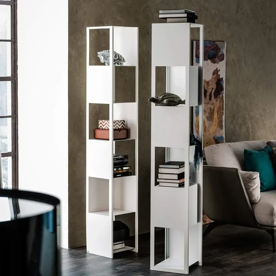 Superior Cattelan Italia Joker bookcase crafted in white embossed lacquered steel with vertically stacked open shelves