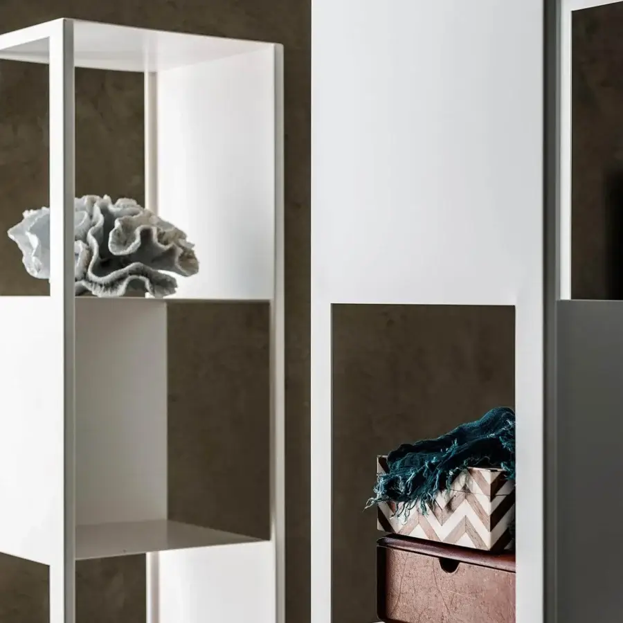 Elegant Cattelan Italia Joker bookcase in pearl embossed lacquered steel with a clean white finish