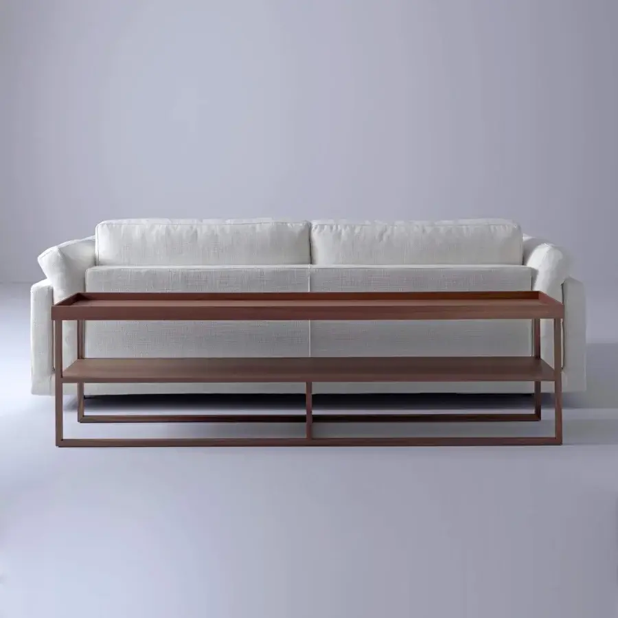 Superior Swan Italia Match sofa-back/console built with light cream textile and Canaletto walnut frame finish