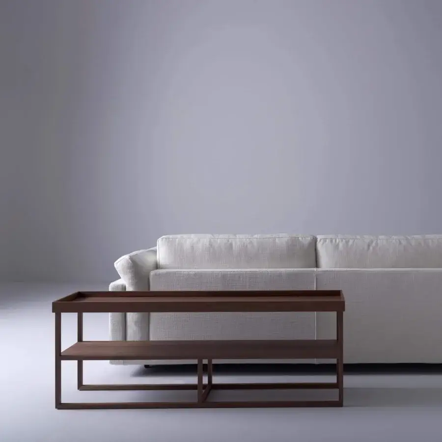 Harmonious Swan Italia Match sofa-back/console built with light woven textile and Canaletto walnut with a dark brown stain