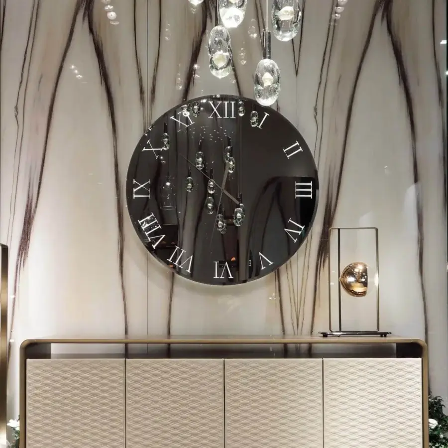 Distinguished Reflex Titanium clock with smoked mirror glass, beveled edge and white Roman numerals against titanium hands