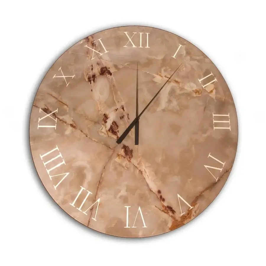 Distinguished Reflex Titanium clock with marbled glass face and titanium hands in beige with brown patterns