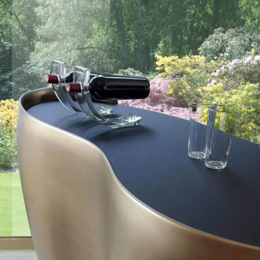 Distinguished Reflex Coco de Mer bar with organic curved silhouette in dark lacquer and satin brass support structure